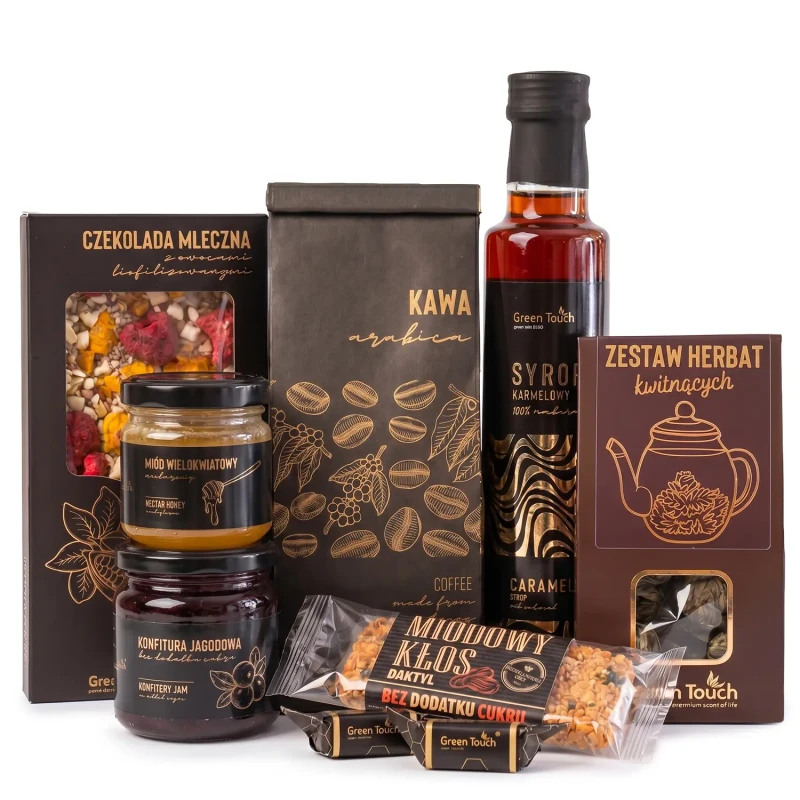 Zestaw prezentowy Green Touch - kawa, herbaty kwitnące, syrop, miód i słodkości (5).webp