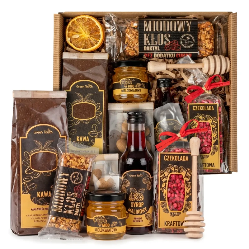 Box zestaw prezentowy prezent kawa miód syrop czekolada baton migdały kraft (4).webp