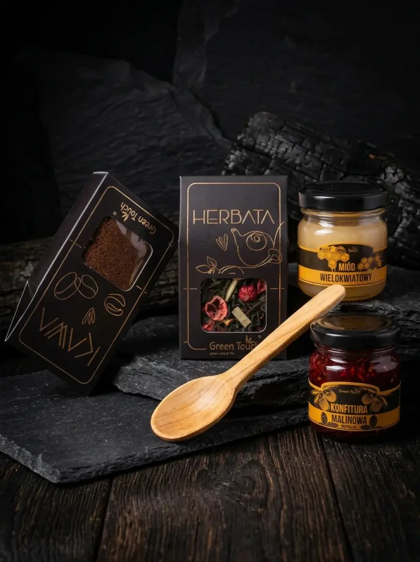 Box prezentowy zestaw z herbatą i kawą czarno złoty miód konfitura łyżkap (2).webp