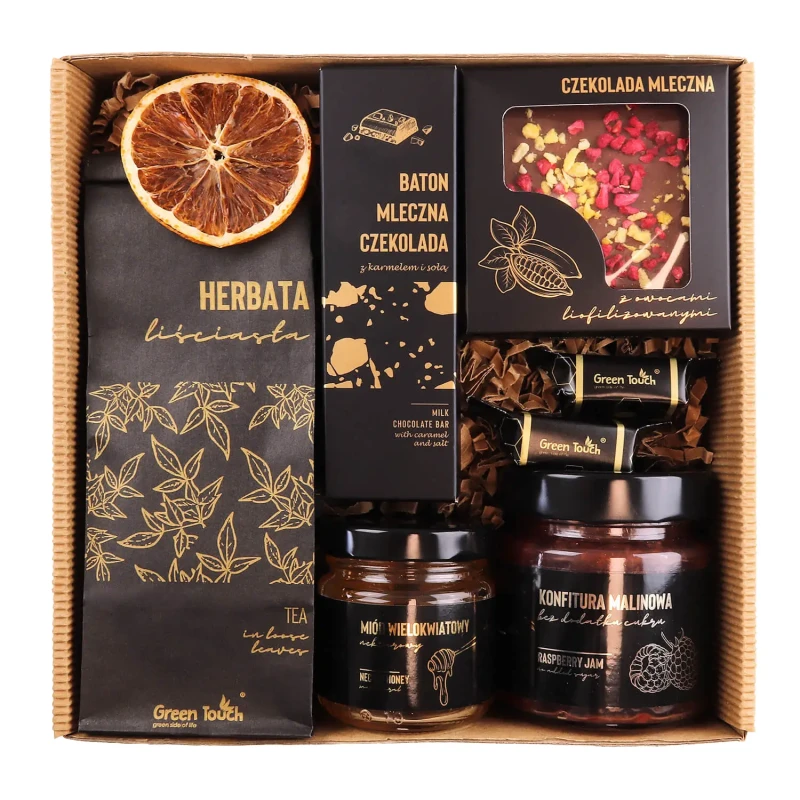 Elegancki prezent premium zestaw słodycze herbata miód konfitura kraftowe (1).webp