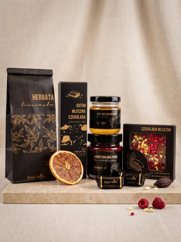 Elegancki prezent premium zestaw słodycze herbata miód konfitura kraftowe (2).webp