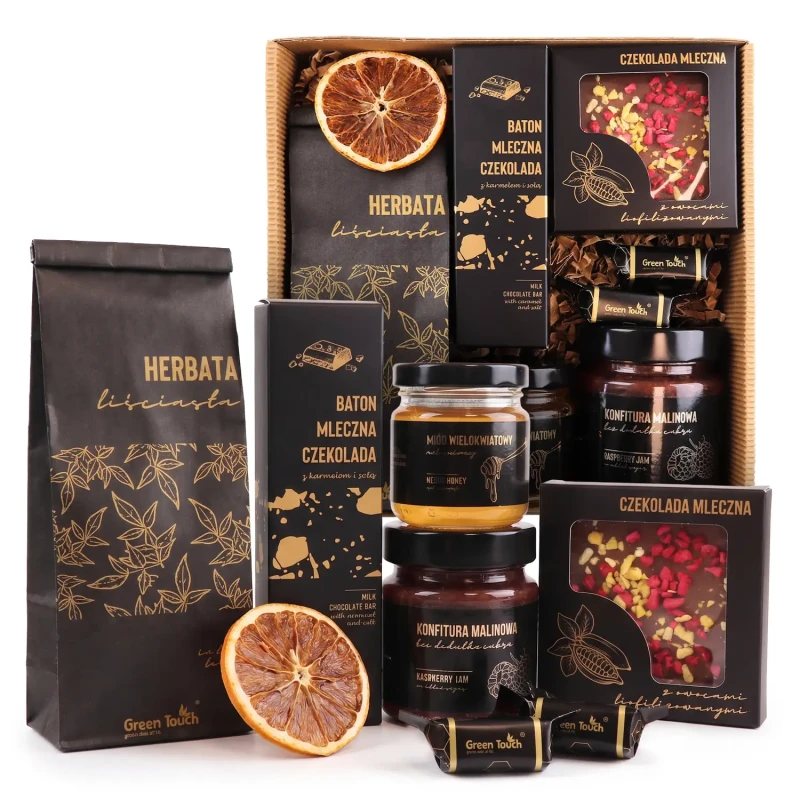 Elegancki prezent premium zestaw słodycze herbata miód konfitura kraftowe (4).webp