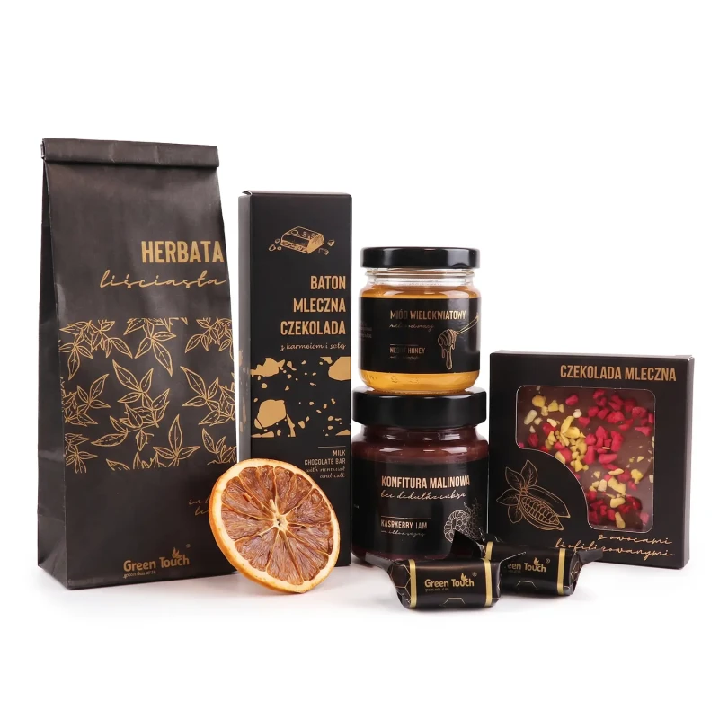 Elegancki prezent premium zestaw słodycze herbata miód konfitura kraftowe (5).webp
