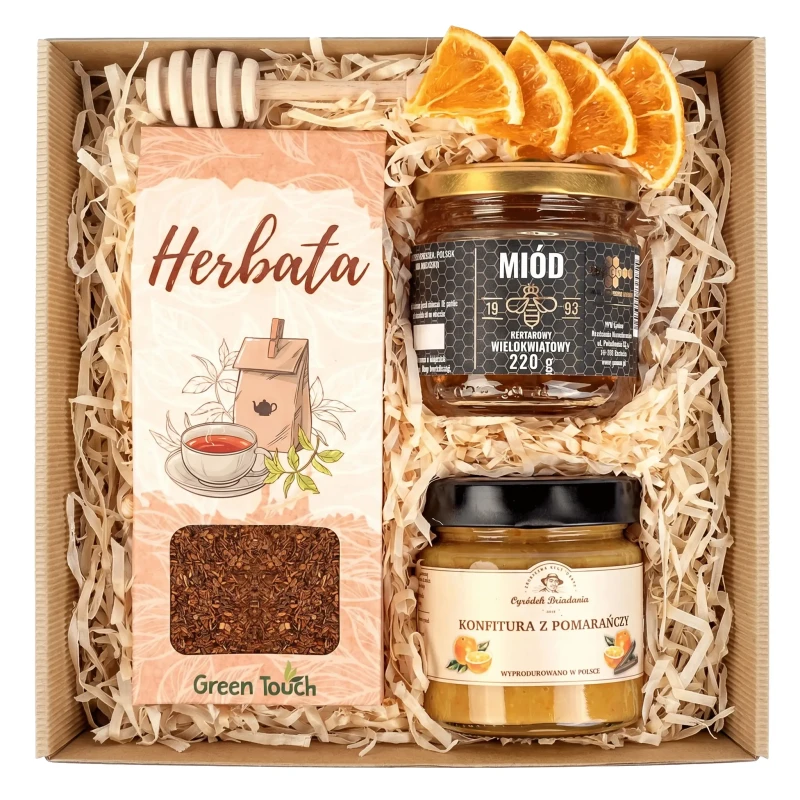 Koszyk prezentowy eko z herbatą rooibos, polskim miodem i konfiturą z pomarańczy (1).webp