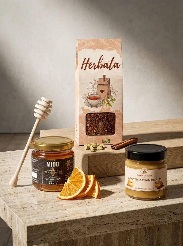 Koszyk prezentowy eko z herbatą rooibos, polskim miodem i konfiturą z pomarańczy (2).webp