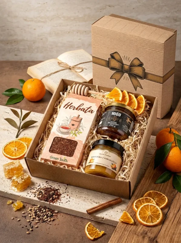 Koszyk prezentowy eko z herbatą rooibos, polskim miodem i konfiturą z pomarańczy (3).webp
