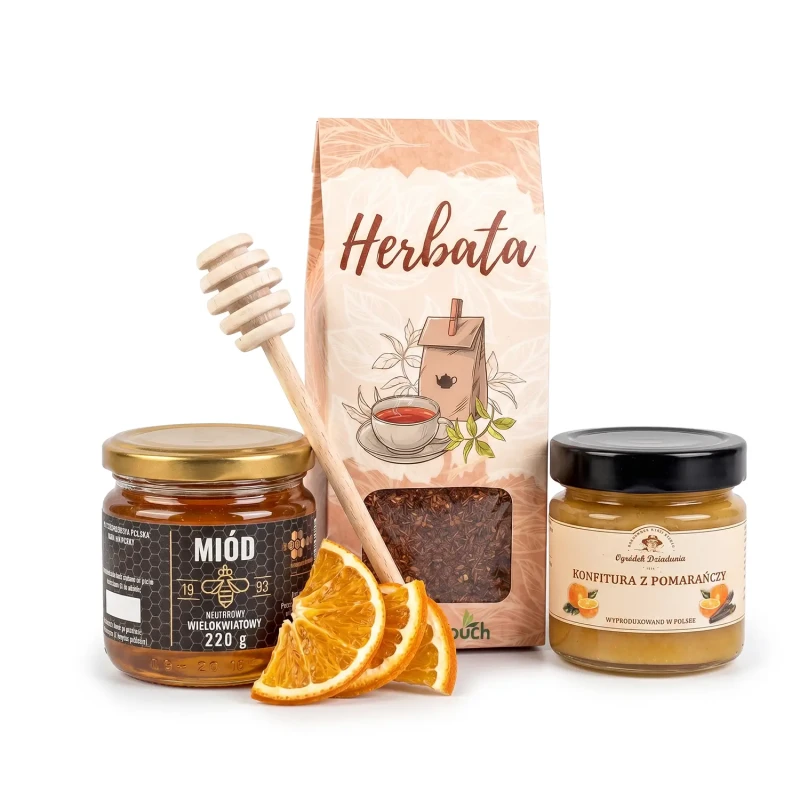 Koszyk prezentowy eko z herbatą rooibos, polskim miodem i konfiturą z pomarańczy (5).webp