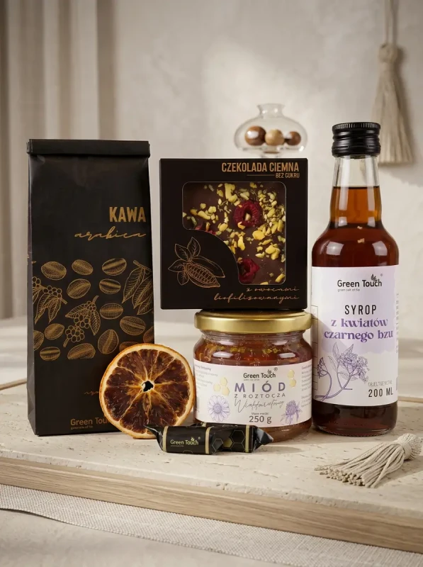 Kosz prezentowy zestaw prezent upominek kawa miód syrop przysmaki (2).webp