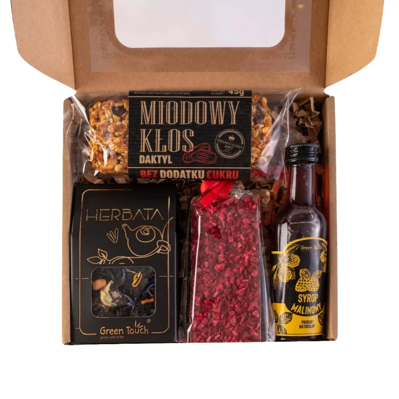 Box prezentowy kraftowy syrop malinowy zestaw herbata czekolada lio baton (1).webp