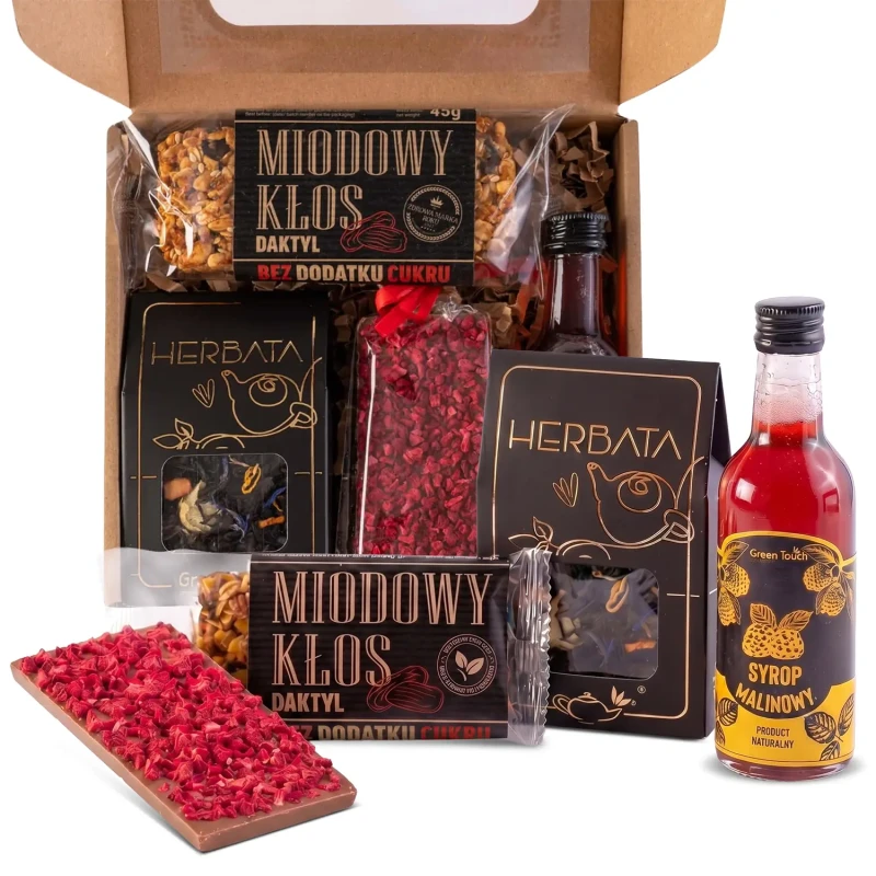 Box prezentowy kraftowy syrop malinowy zestaw herbata czekolada lio baton (4).webp