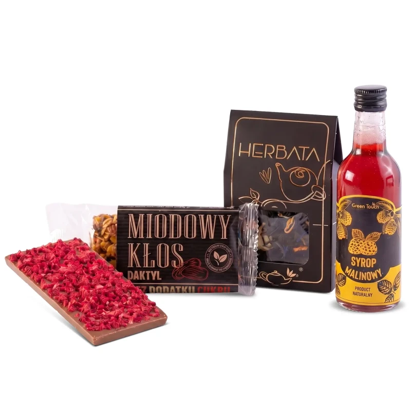 Box prezentowy kraftowy syrop malinowy zestaw herbata czekolada lio baton (5).webp