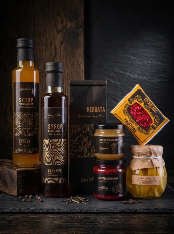 Zestaw kosz prezentowy upominek herbata syropy miód konfitura cytryny box (2).webp