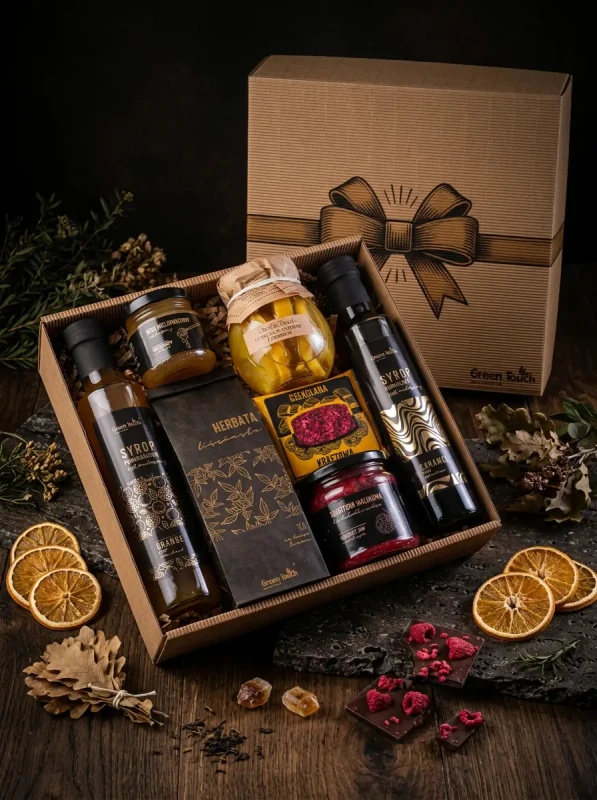 Zestaw kosz prezentowy upominek herbata syropy miód konfitura cytryny box (3).webp