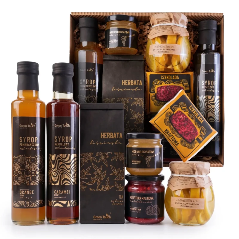 Zestaw kosz prezentowy upominek herbata syropy miód konfitura cytryny box (4).webp