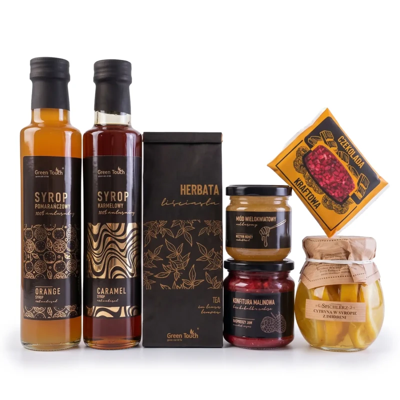 Zestaw kosz prezentowy upominek herbata syropy miód konfitura cytryny box (5).webp