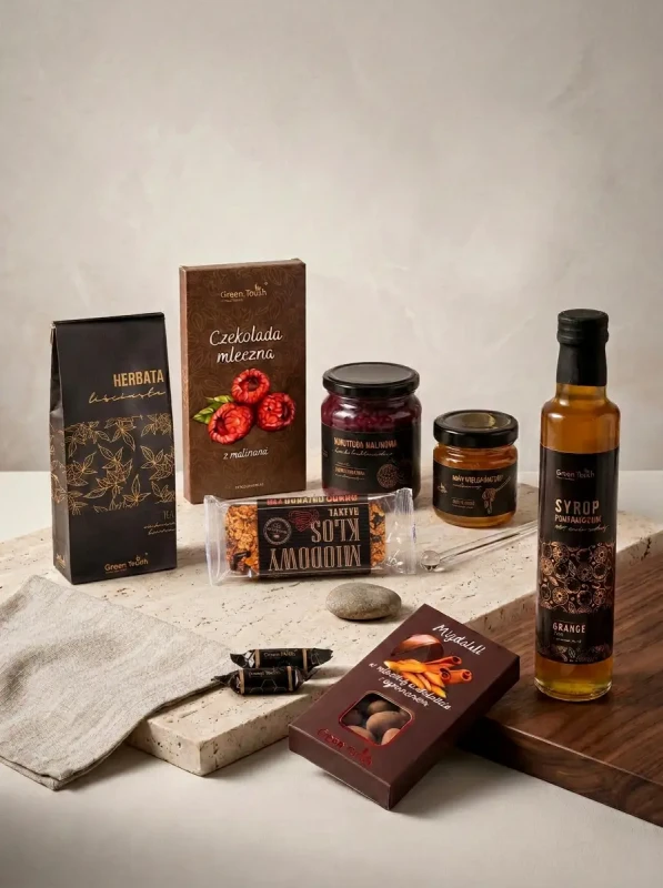 Zestaw prezentowy kosz słodycze herbata migdały syrop miód konfitura box (1).webp