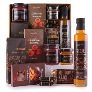 Zestaw prezentowy kosz słodycze herbata migdały syrop miód konfitura box