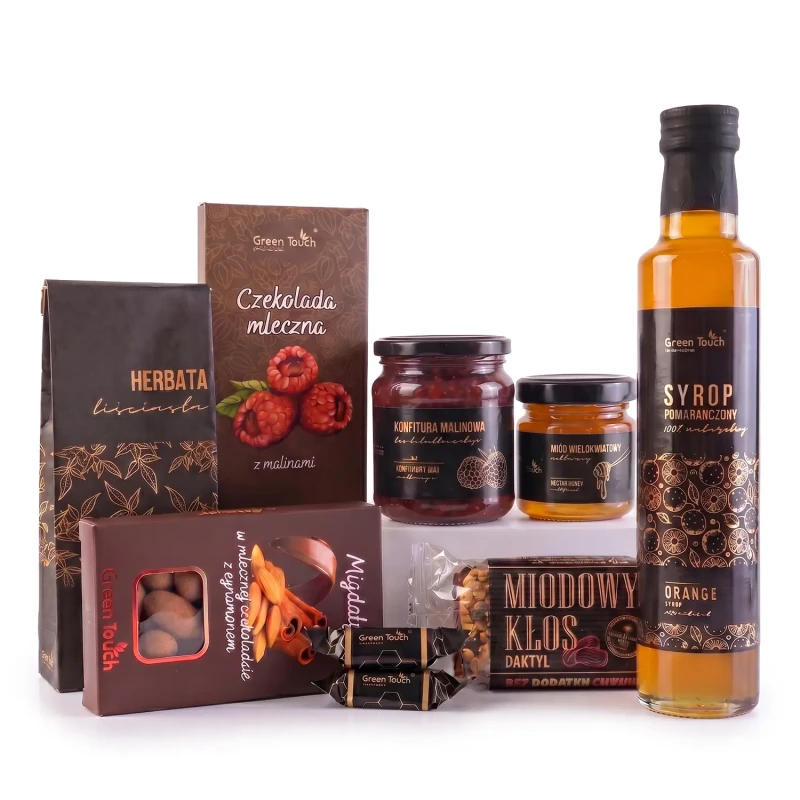 Zestaw prezentowy kosz słodycze herbata migdały syrop miód konfitura box (4).webp