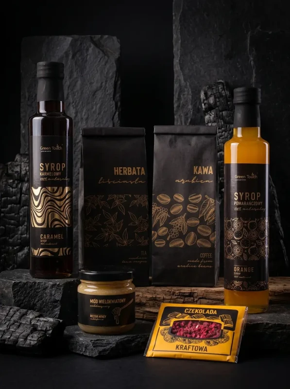 Zestaw kosz prezentowy upominek syropy herbata kawa miód naturalny box (2).webp