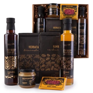 Zestaw kosz prezentowy upominek syropy herbata kawa miód naturalny box