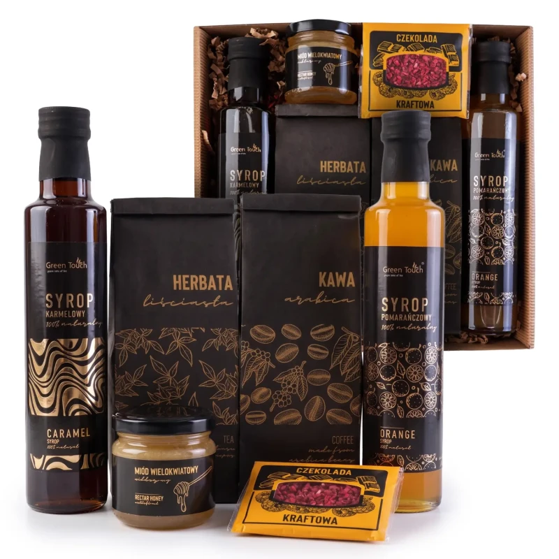 Zestaw kosz prezentowy upominek syropy herbata kawa miód naturalny box (4).webp