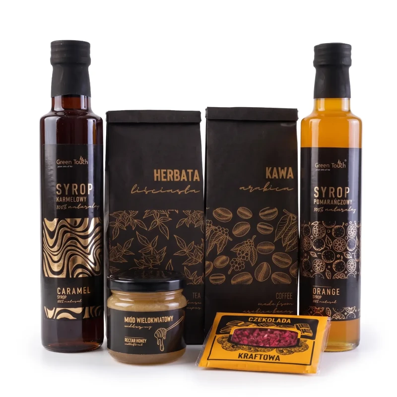 Zestaw kosz prezentowy upominek syropy herbata kawa miód naturalny box (5).webp