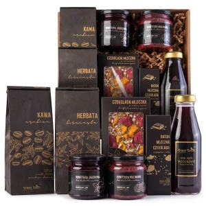 Kosz box prezentowy prezent upominek herbata kawa konfitury czekolada baton