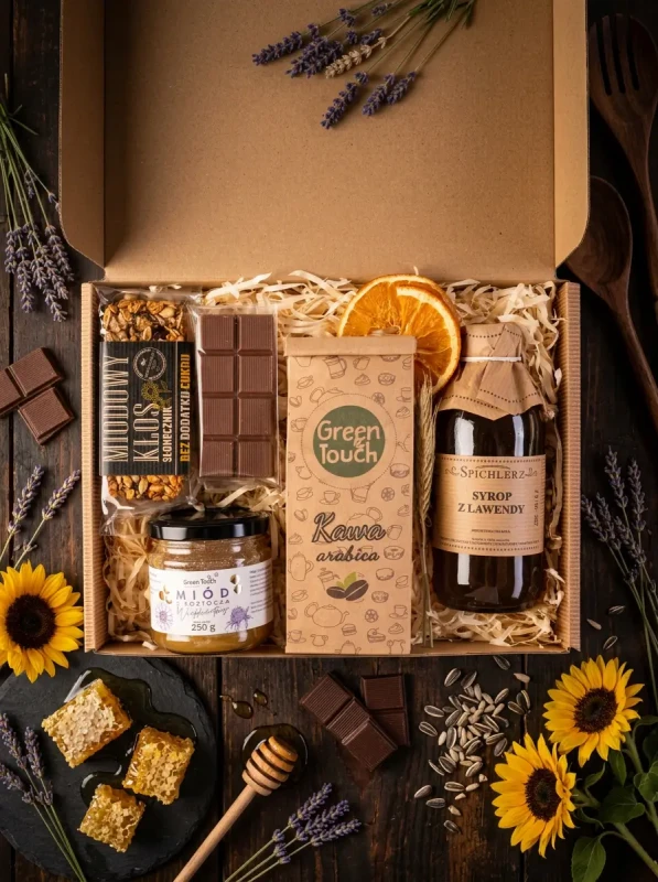 Kosz box prezentowy prezent upominek kawa syrop czekolada miód polski baton (3).webp