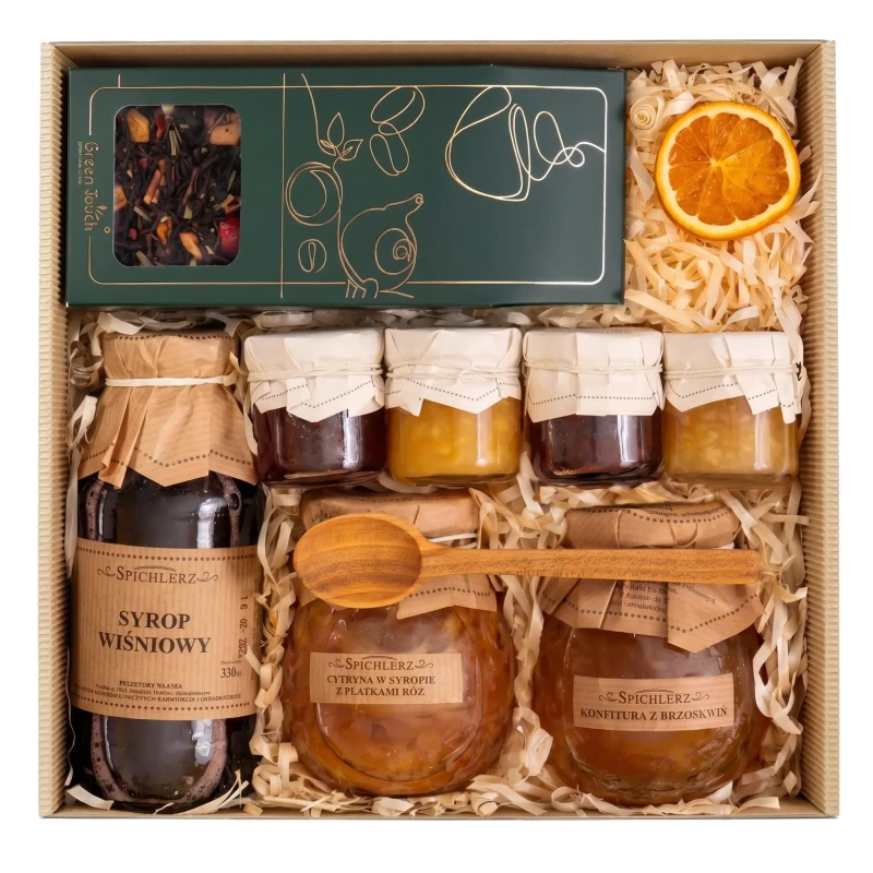 Kosz prezentowy zestaw konfitury syrop cytryny w syropie kraftowy prezent (1).webp