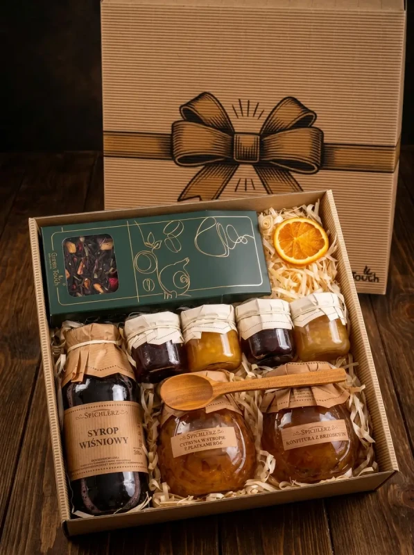 Kosz prezentowy zestaw konfitury syrop cytryny w syropie kraftowy prezent (3).webp