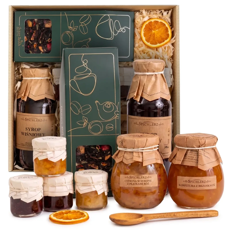 Kosz prezentowy zestaw konfitury syrop cytryny w syropie kraftowy prezent (4).webp