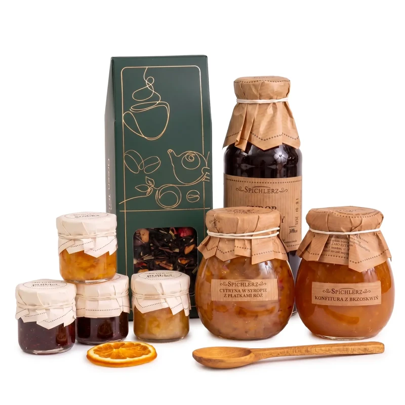 Kosz prezentowy zestaw konfitury syrop cytryny w syropie kraftowy prezent (5).webp