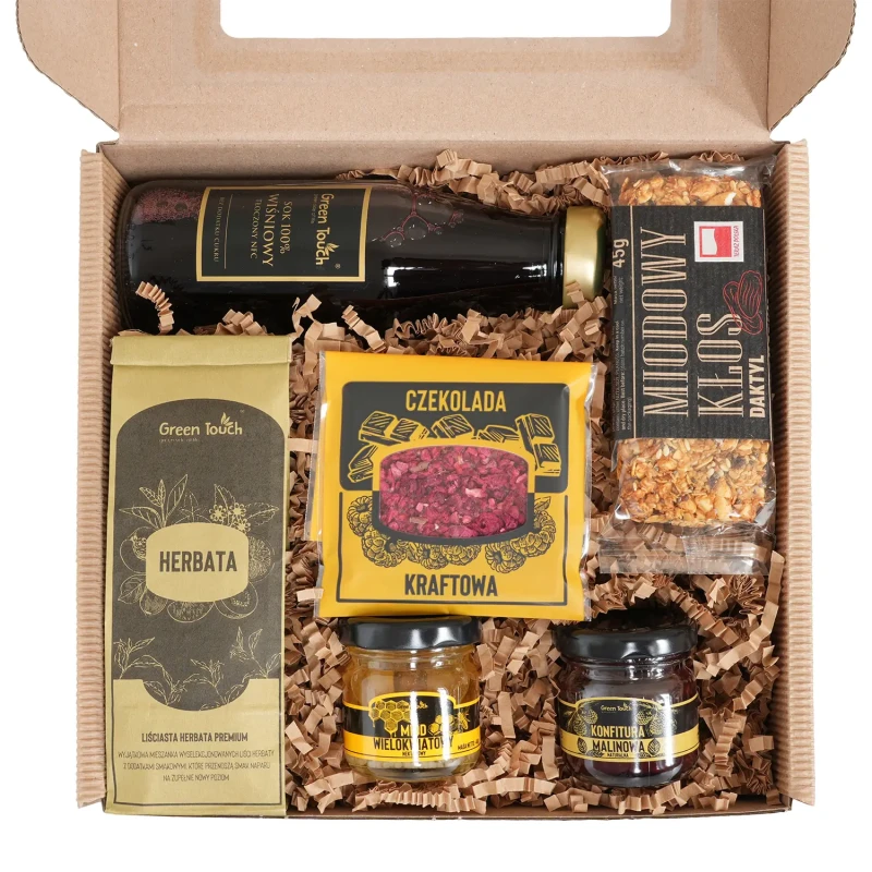 Box prezentowy kraftowy zestaw herbata sok naturalny czekolada miód baton (1).webp