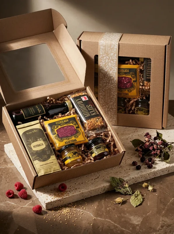 Box prezentowy kraftowy zestaw herbata sok naturalny czekolada miód baton (4).webp