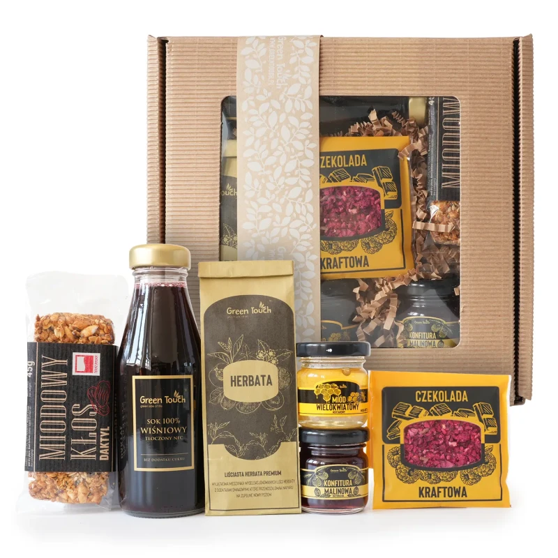Box prezentowy kraftowy zestaw herbata sok naturalny czekolada miód baton (5).webp