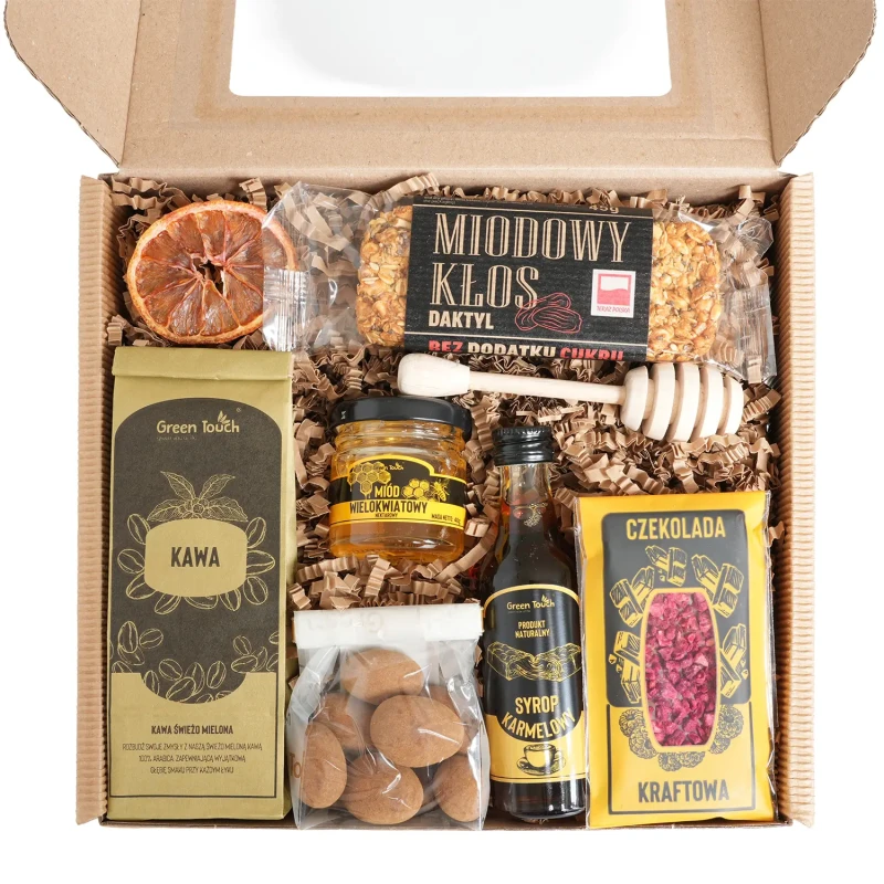 Box zestaw prezentowy prezent kawa miód syrop czekolada baton migdały kraft (1).webp