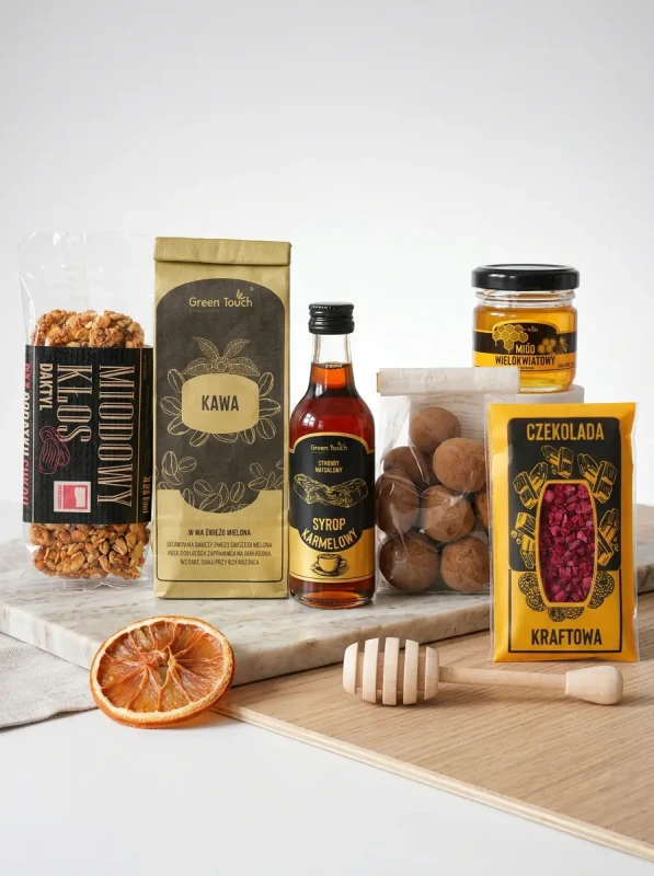 Box zestaw prezentowy prezent kawa miód syrop czekolada baton migdały kraft (3).webp