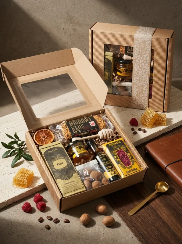 Box zestaw prezentowy prezent kawa miód syrop czekolada baton migdały kraft (4).webp