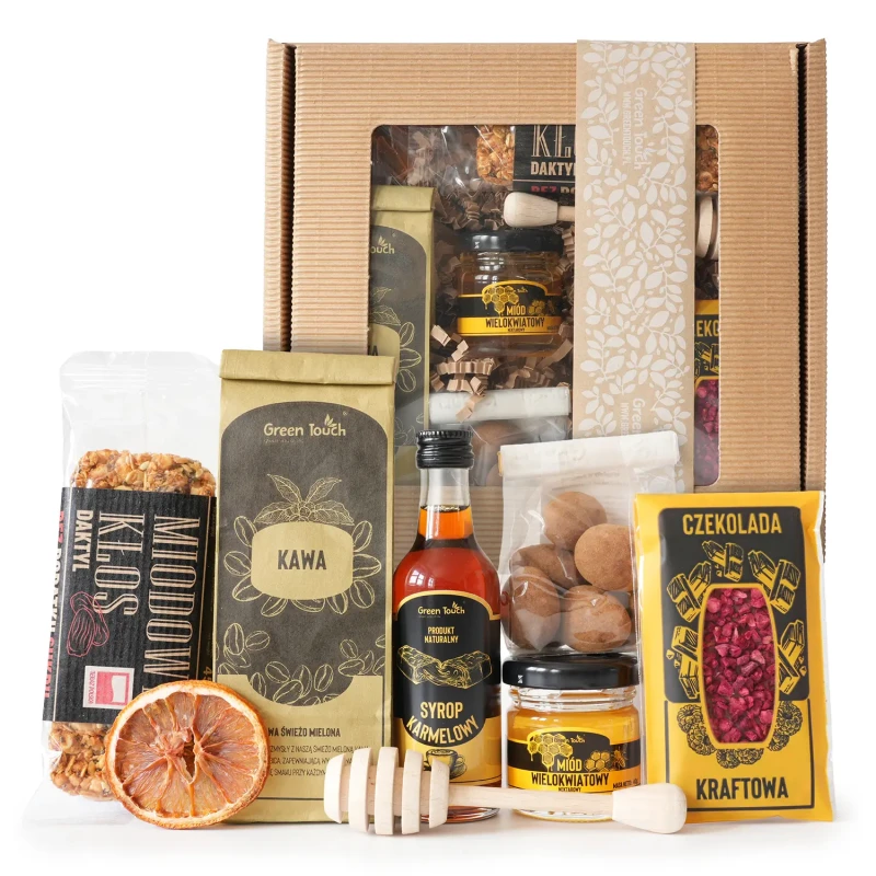 Box zestaw prezentowy prezent kawa miód syrop czekolada baton migdały kraft (5).webp
