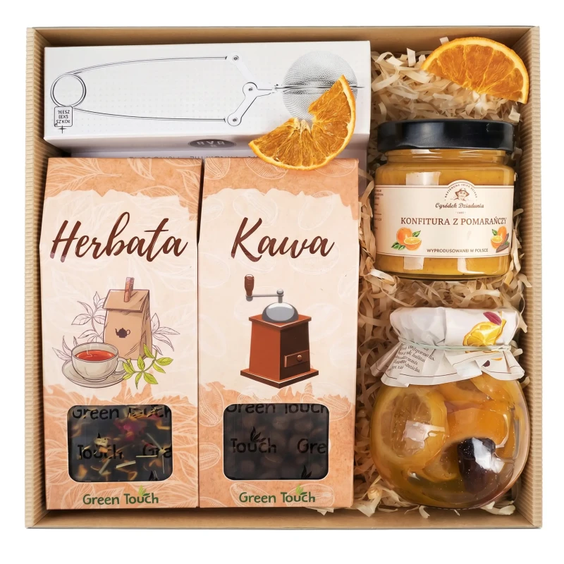 Kosz prezentowy zestaw herbata, kawa, przetwory, zaparzacz (1).webp