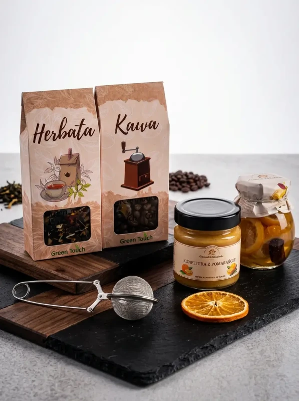 Kosz prezentowy zestaw herbata, kawa, przetwory, zaparzacz (2).webp