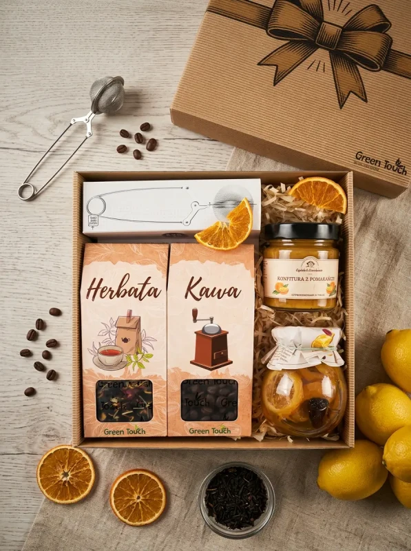 Kosz prezentowy zestaw herbata, kawa, przetwory, zaparzacz (3).webp