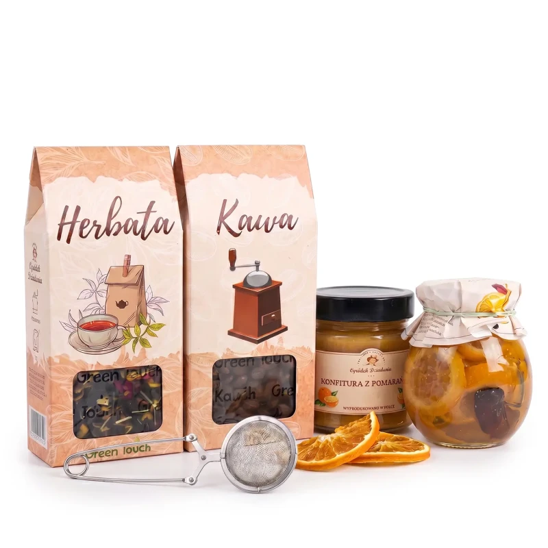 Kosz prezentowy zestaw herbata, kawa, przetwory, zaparzacz (5).webp