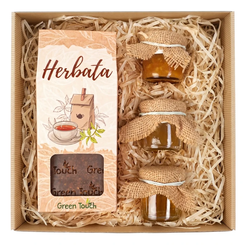 Kosz prezentowy z herbatą rooibos, konfiturkami i miodkiem - drobny upominek (1).webp