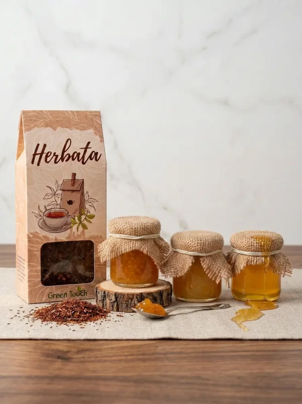 Kosz prezentowy z herbatą rooibos, konfiturkami i miodkiem - drobny upominek (2).webp
