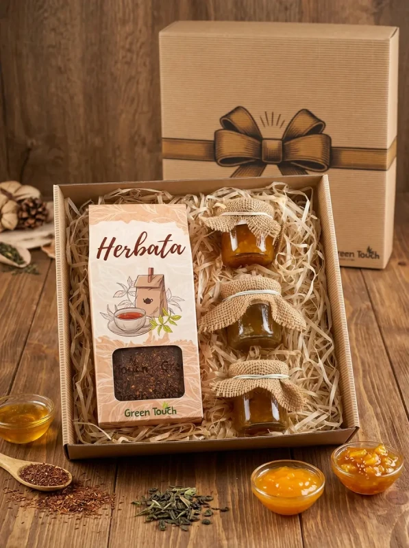 Kosz prezentowy z herbatą rooibos, konfiturkami i miodkiem - drobny upominek (3).webp