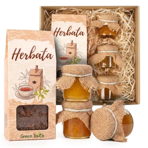 Kosz prezentowy z herbatą rooibos, konfiturkami i miodkiem - drobny upominek
