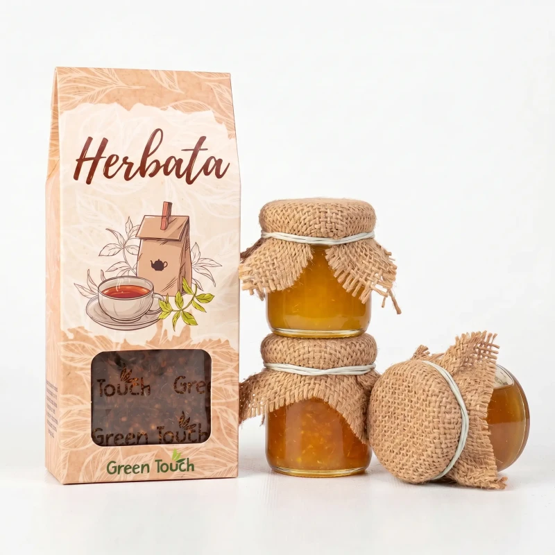 Kosz prezentowy z herbatą rooibos, konfiturkami i miodkiem - drobny upominek (5).webp