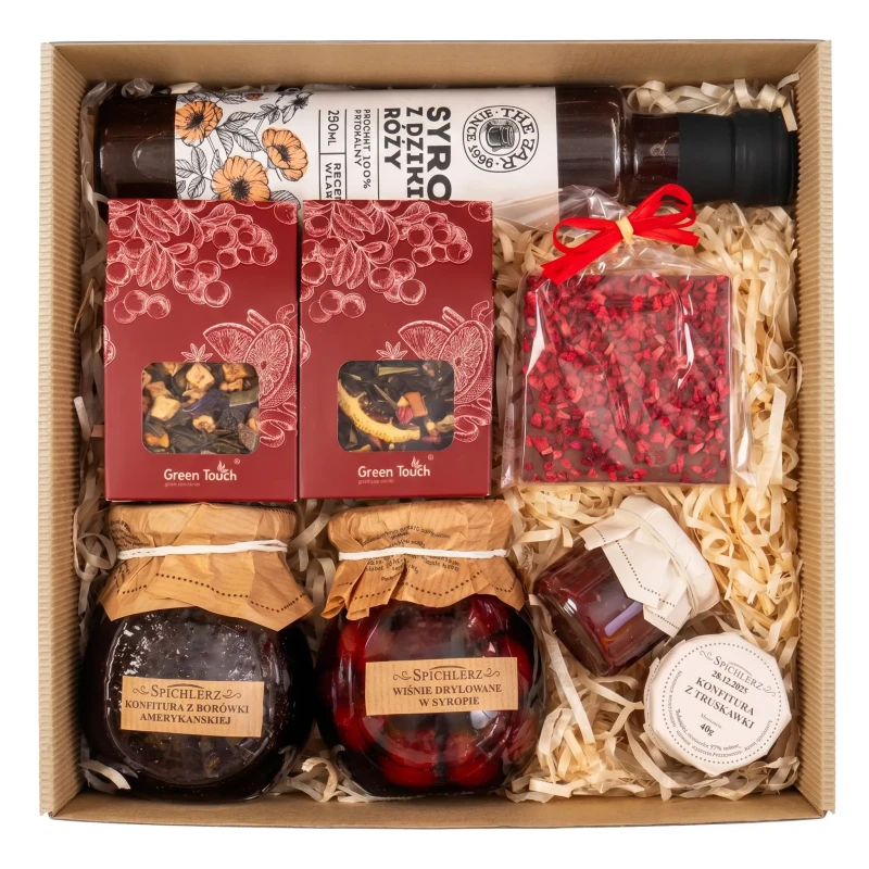 Kosz prezentowy upominek czekolada owoce konfitury herbaty syrop naturalny (1).webp