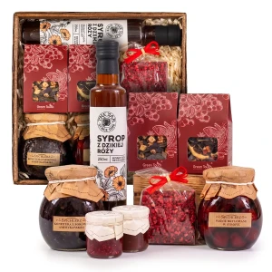 Kosz prezentowy upominek czekolada owoce konfitury herbaty syrop naturalny